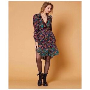 Derhy Womens Floral Paisley Velvet Trim Embroidered V-Neck Mini Dress  M